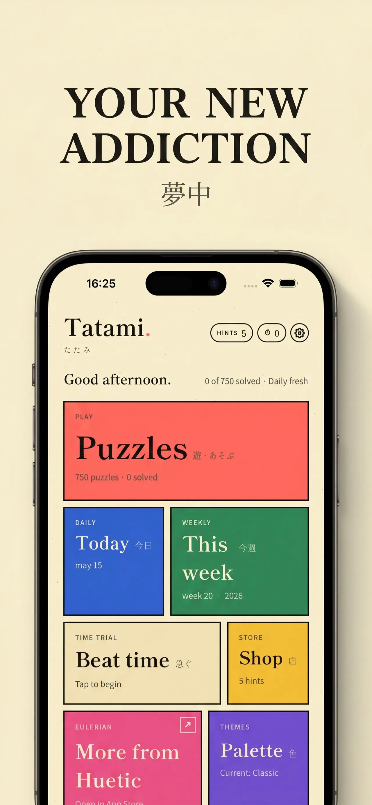 Tatami's home screen with tiles for Puzzles, Today's daily, This week, Time Trial and the Shop