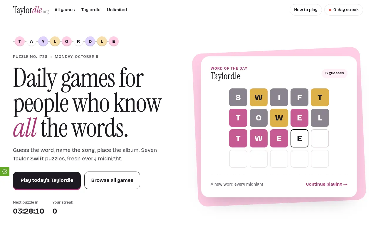 Taylordle.org for Puzzle No. 1738, Monday, October 5: Daily games for people who know all the words, beside a sample Taylordle board with SWIFT, TOWEL and TWEE guesses and a countdown to the next puzz
