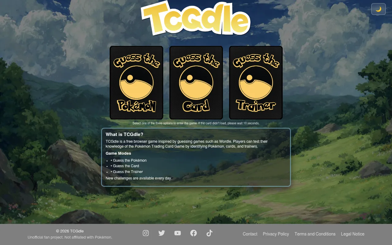 TCGdle's menu: the TCGdle logo over three card backs, Guess the Pokemon, Guess the Card and Guess the Trainer, with a box explaining the game