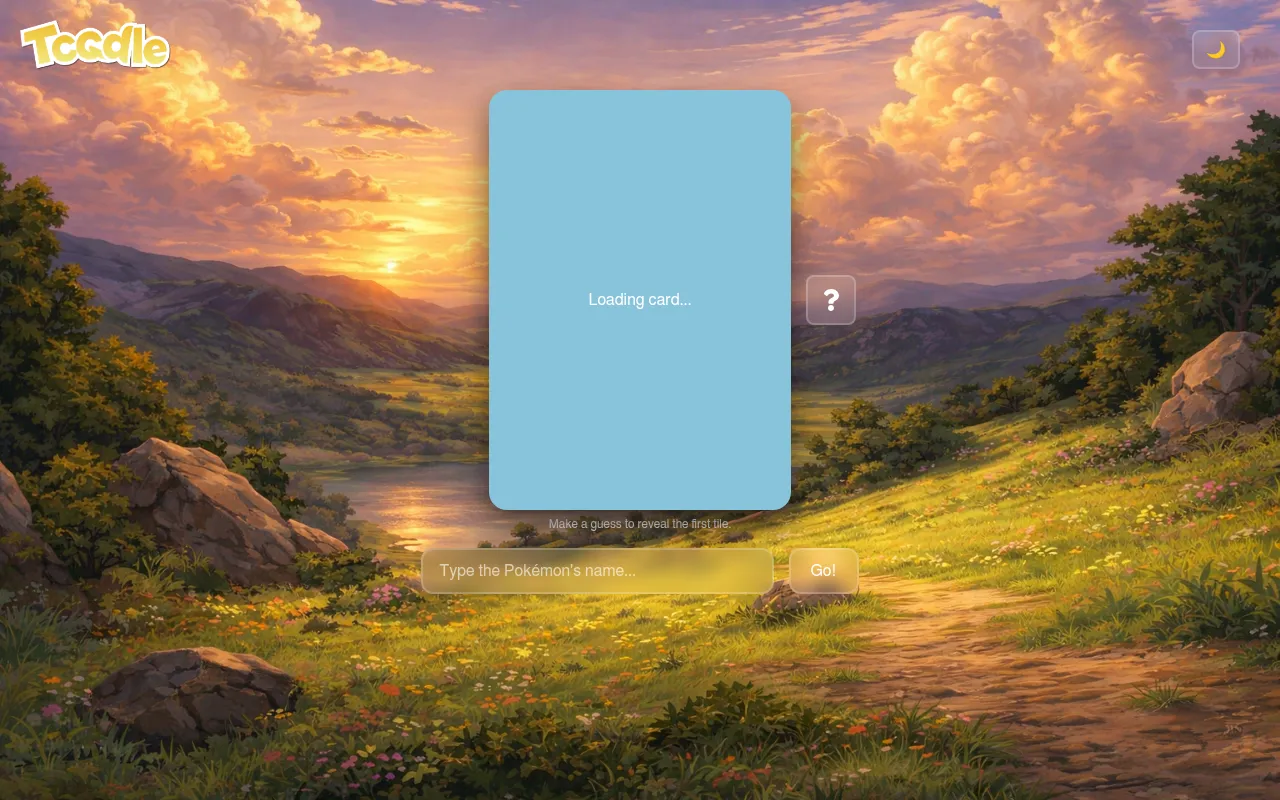 TCGdle's Guess the Pokemon board before the first guess: a hidden card, a name box and a Go button over a painted valley