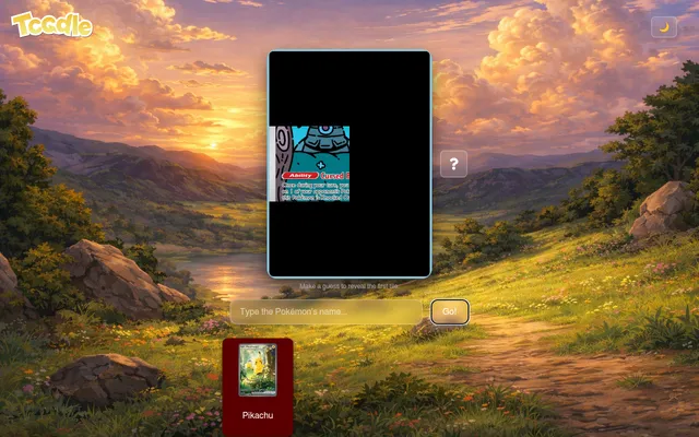 TCGdle's Guess the Pokemon board after one wrong guess, Pikachu: one tile of the hidden card shows part of its art and an Ability box