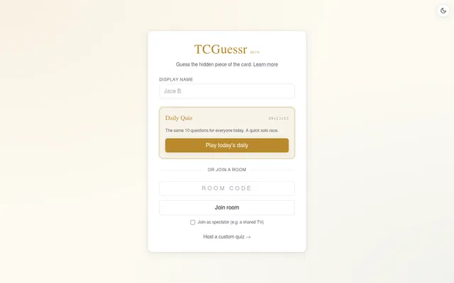 The TCGuessr start screen with its Daily Quiz panel, the countdown to the next quiz and the Play today's daily button