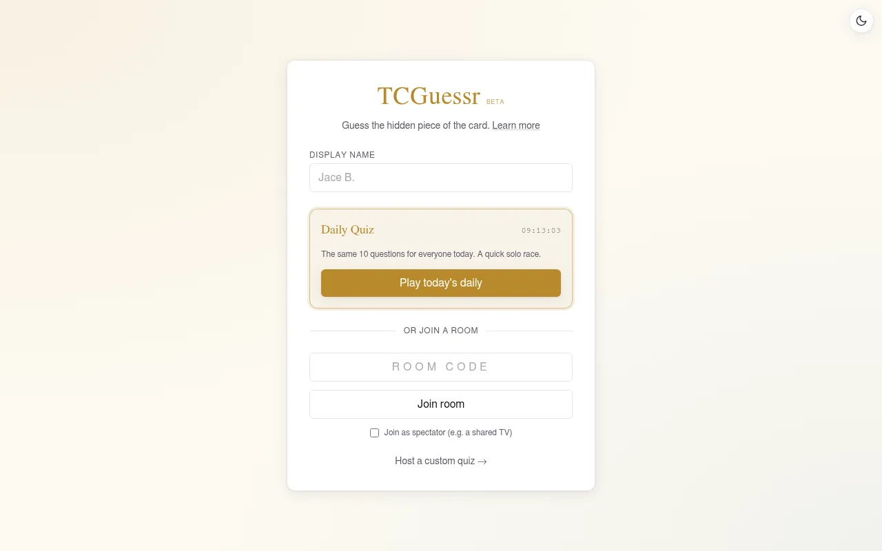 The TCGuessr start screen with its Daily Quiz panel, the countdown to the next quiz and the Play today's daily button