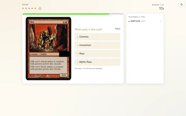 TCGuessr's Daily Quiz of 18 October 2026 in play on a desktop: round 1 of 10, the Magic card Okk with its set symbol hidden, asking its rarity, with four answers and a 52-second timer