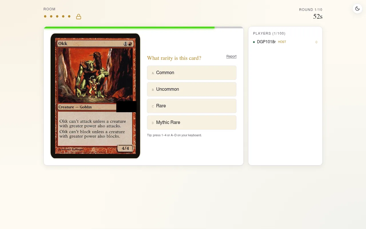 TCGuessr's Daily Quiz of 18 October 2026 in play on a desktop: round 1 of 10, the Magic card Okk with its set symbol hidden, asking its rarity, with four answers and a 52-second timer