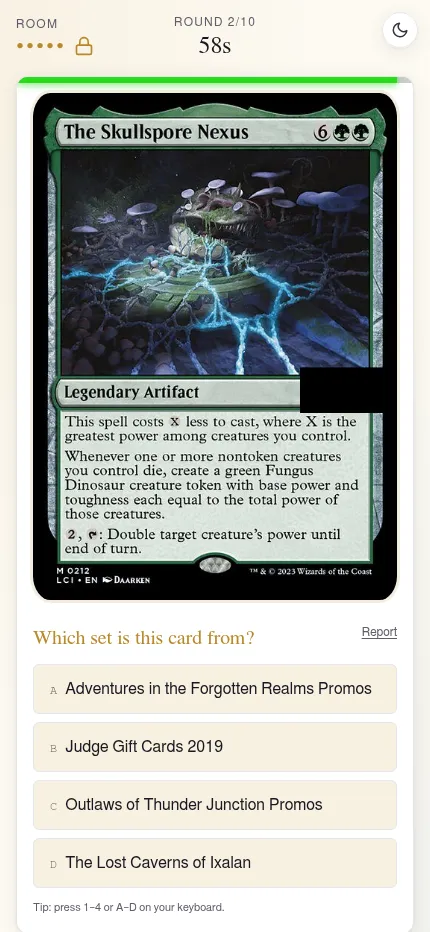 TCGuessr's Daily Quiz on a phone: round 2 of 10 shows the Magic card The Skullspore Nexus with its set symbol hidden and asks which set it is from, with four set names to pick from