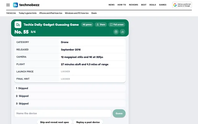 Techle No. 55 board on 18 October 2026: a drone released September 2016 with its camera and flight rows open, launch price and final hint still locked, after three skips