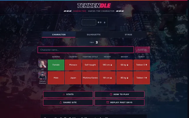 TEKKENDLE Character mode on 26 October 2026 after two guesses, Lili and Kazuya Mishima, each with gender, country, style, height, weight and debut cells in green or red with arrows