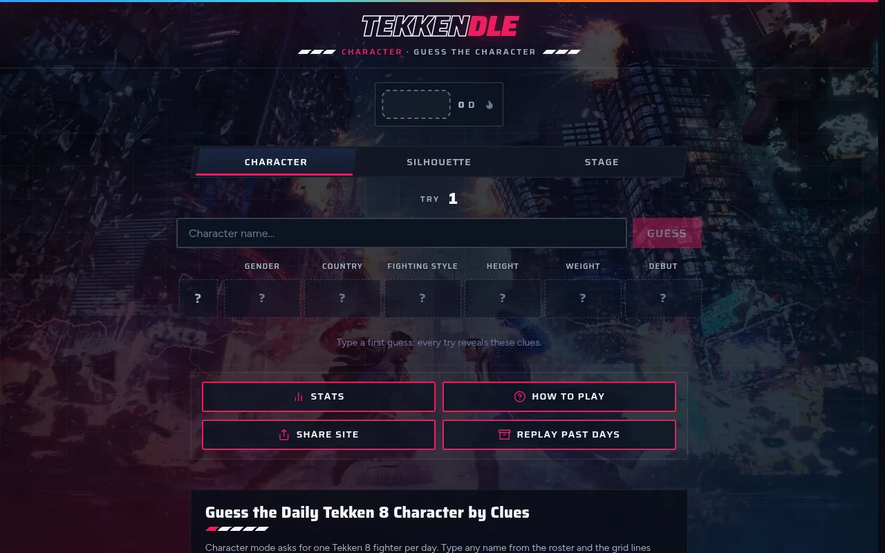 TEKKENDLE's Character mode before the first guess: a name box and empty clue cells for gender, country, fighting style, height, weight and debut