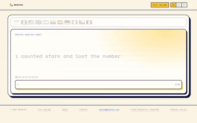 The Teklas typing board on a desktop: a practice phrase above the input box with its timer