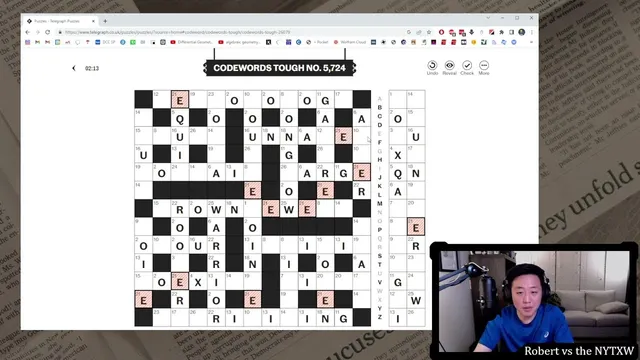 Telegraph Codewords Tough No. 5,724 part solved in a browser: a 13 by 13 numbered grid, the A to Z letter list and the number key beside it, from a player's YouTube solve