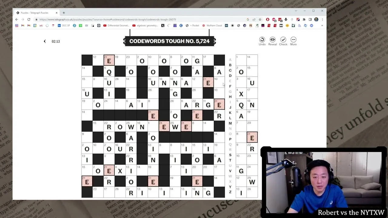 Telegraph Codewords Tough No. 5,724 part solved in a browser: a 13 by 13 numbered grid, the A to Z letter list and the number key beside it, from a player's YouTube solve