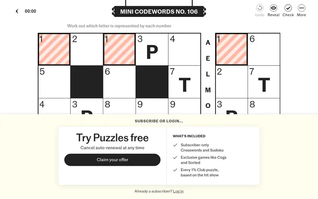Telegraph Mini Codewords No. 106: a numbered grid with the given letters P and T and a strip of letters to place, with the Telegraph Puzzles subscribe panel below