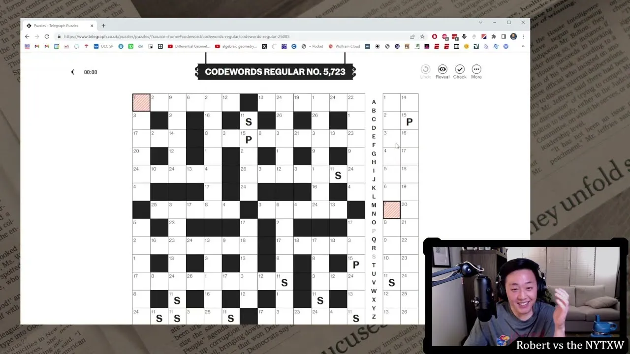 Telegraph Codewords Regular No. 5,723 at the start, with only S and P given in the numbered grid and the key, from a player's YouTube solve