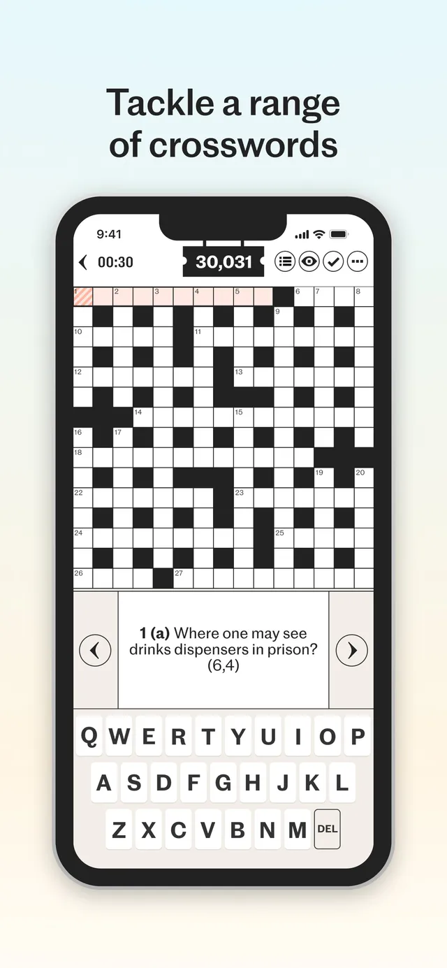 A Telegraph cryptic crossword in the Telegraph Puzzles app on a phone, puzzle 30,031, with the clue Where one may see drinks dispensers in prison? (6,4)