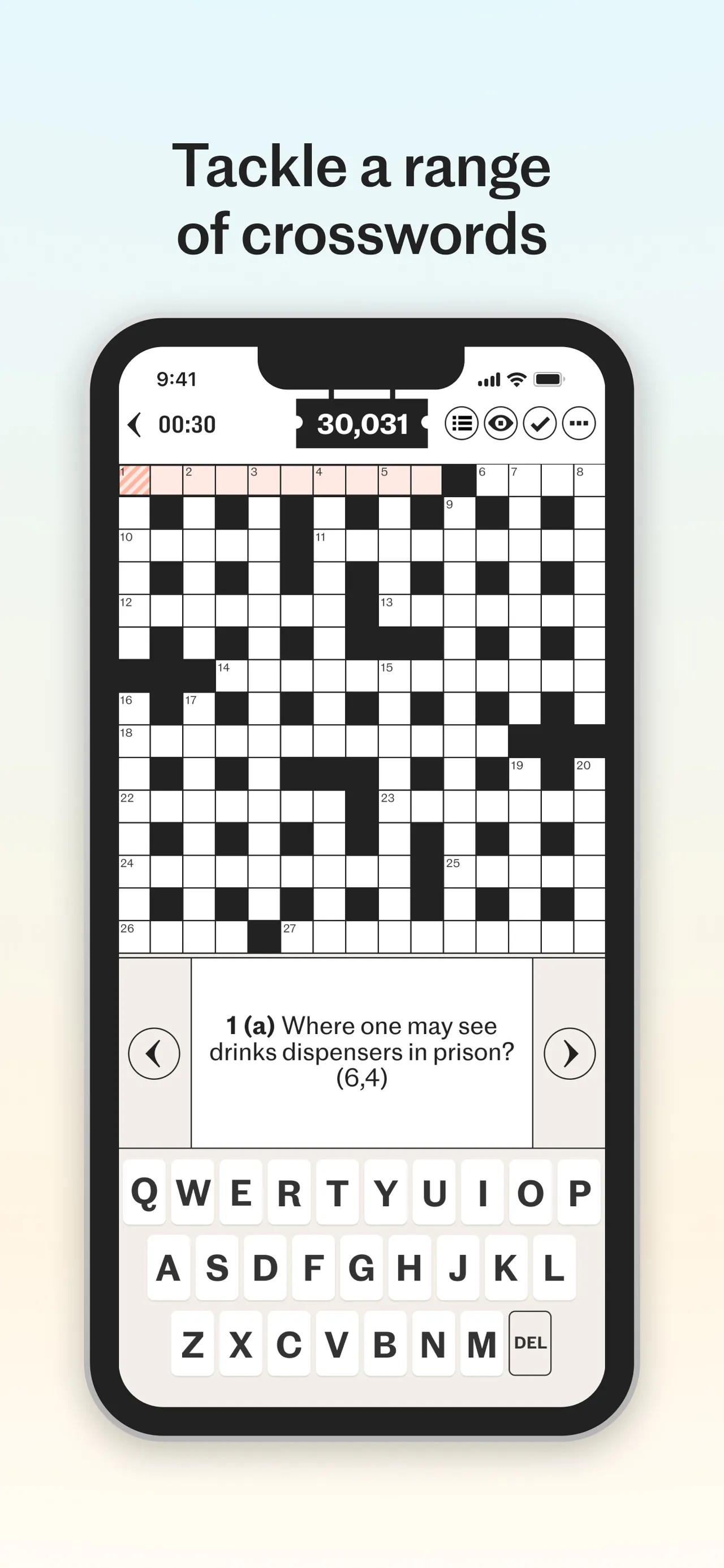 A Telegraph cryptic crossword in the Telegraph Puzzles app on a phone, puzzle 30,031, with the clue Where one may see drinks dispensers in prison? (6,4)