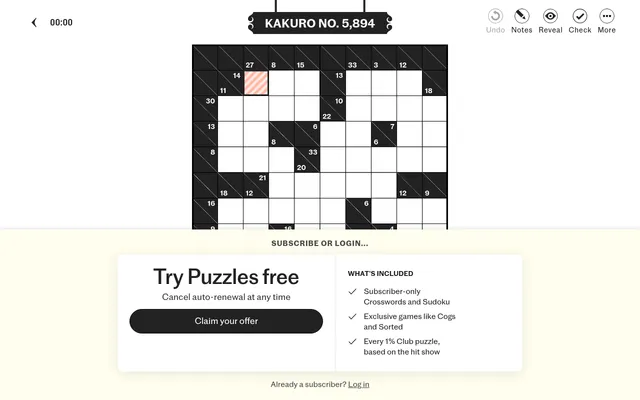 Telegraph Kakuro No. 5,894: the grid of black clue squares with across and down totals and empty white squares, with the subscribe panel over its lower half