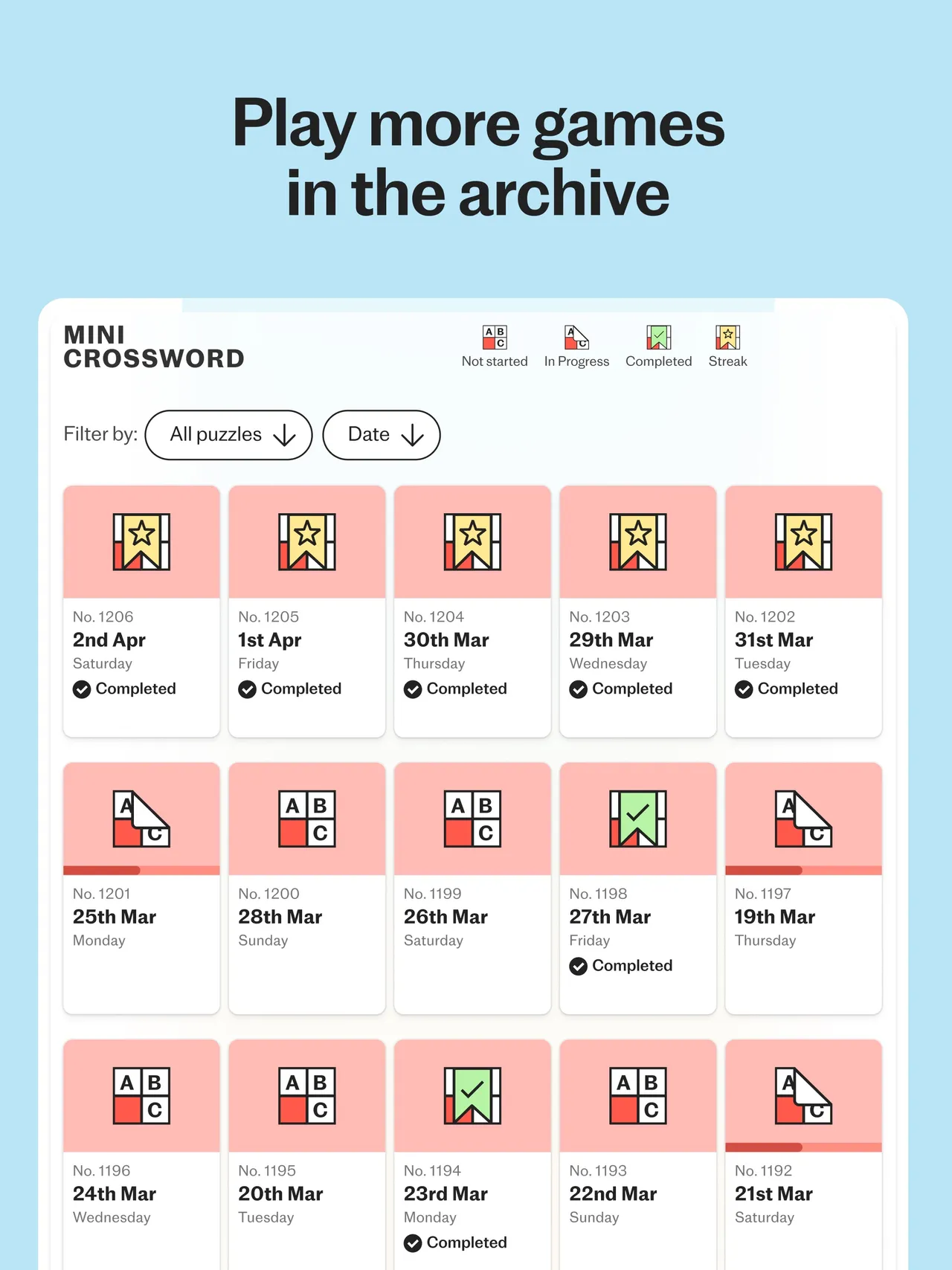 The Mini Crossword archive in Telegraph Puzzles, with numbered daily puzzles