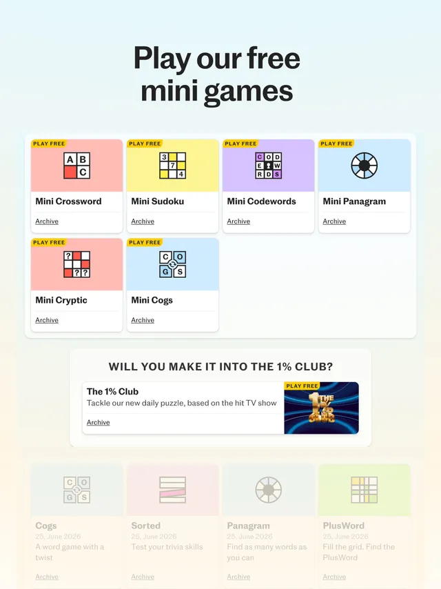 Telegraph Puzzles' free mini games, including Mini Panagram