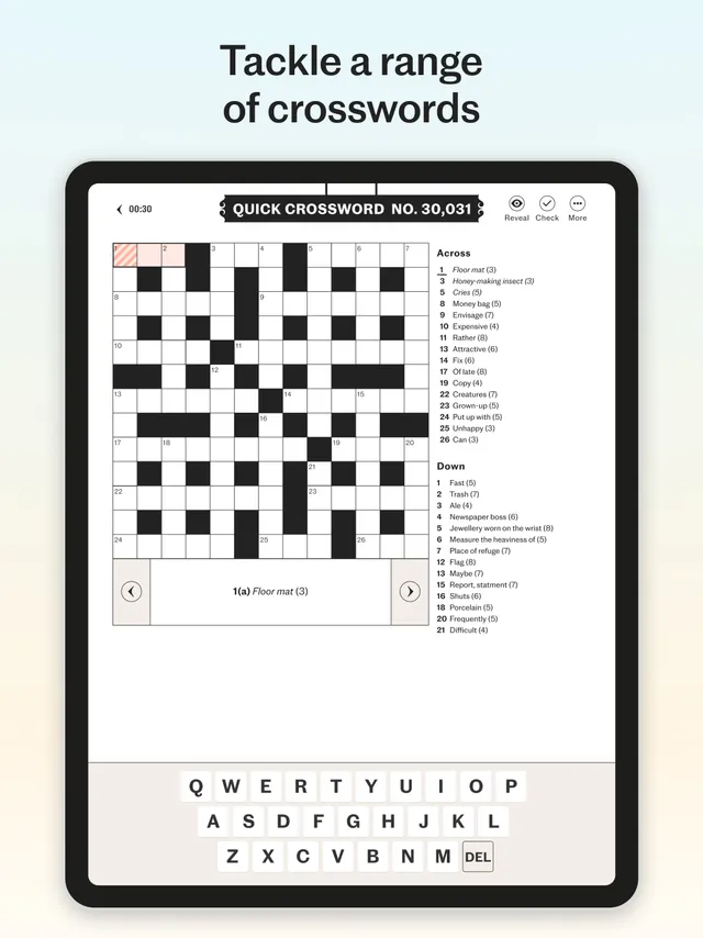 Telegraph Quick Crossword No. 30,031 on an iPad: the grid with its across and down clues and an on-screen keyboard