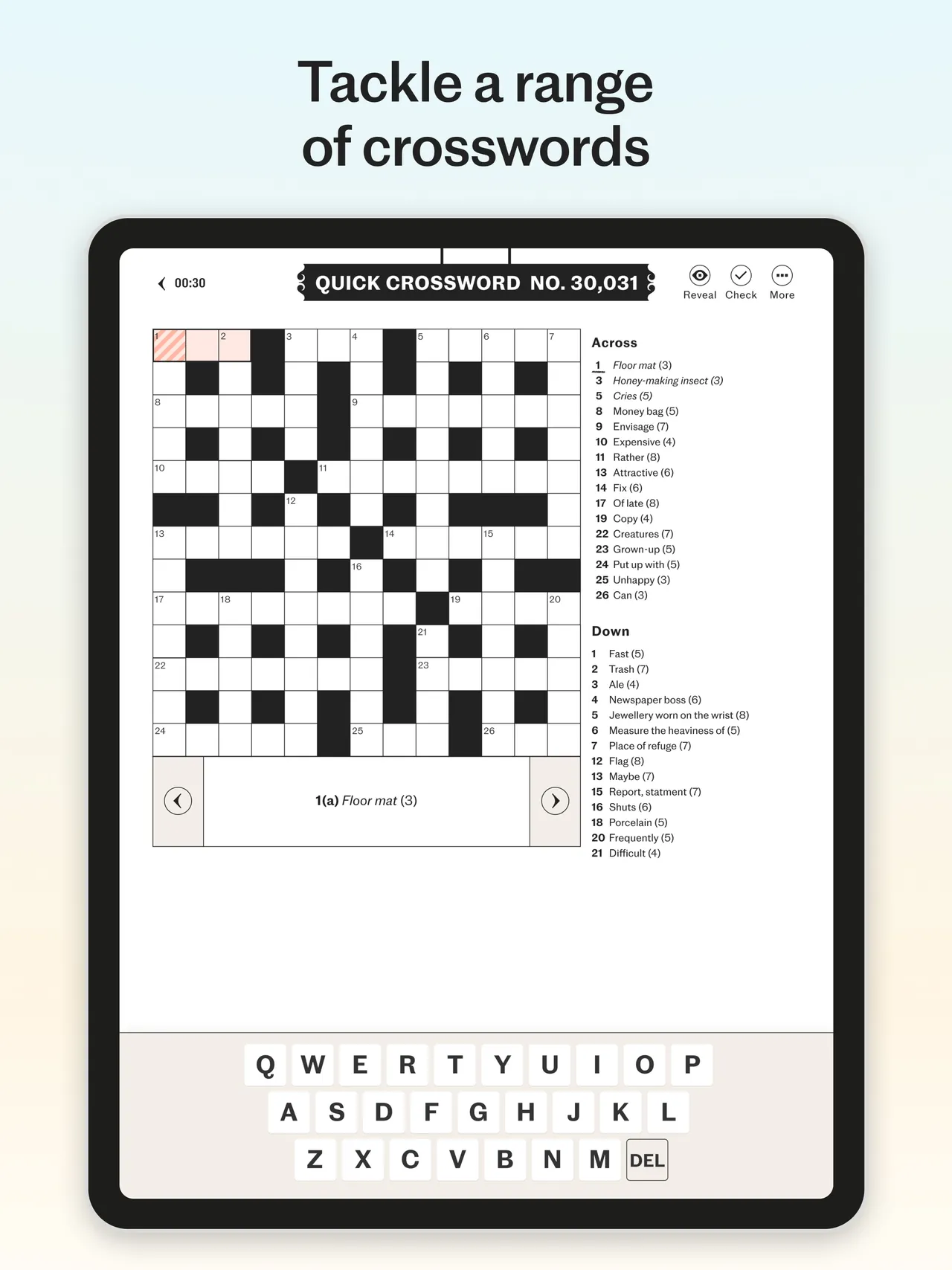 Telegraph Quick Crossword No. 30,031 on an iPad: the grid with its across and down clues and an on-screen keyboard