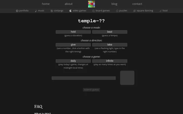 Temple's game page with buttons to choose hold or beat, give or take, and daily or infinite, above the guess box