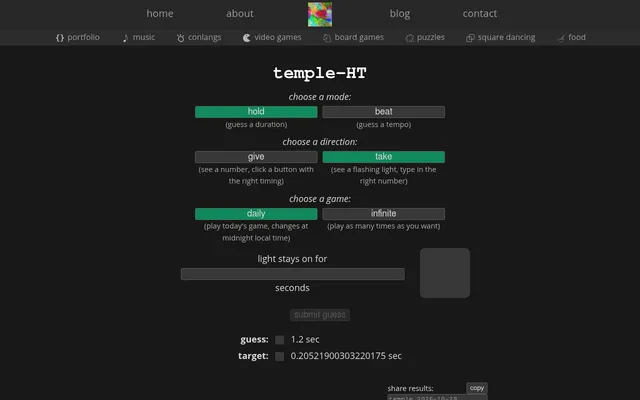 Temple's daily hold and take round for 29 October 2026 after a guess: a 1.2 second guess against a 0.205 second target, with the day's share box below