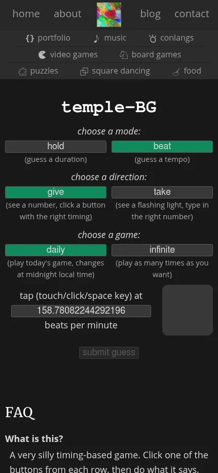 Temple at phone size with beat, give and daily chosen, asking the player to tap at today's tempo of about 159 beats per minute