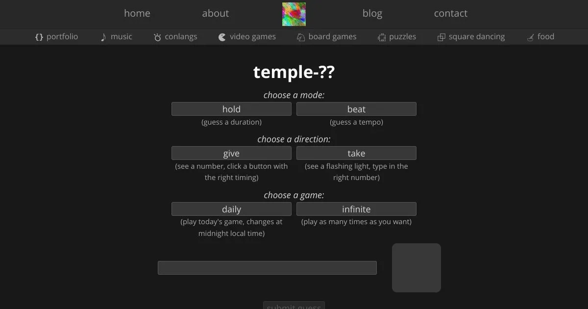 Temple game page with buttons to choose hold or beat, give or take, and daily or infinite