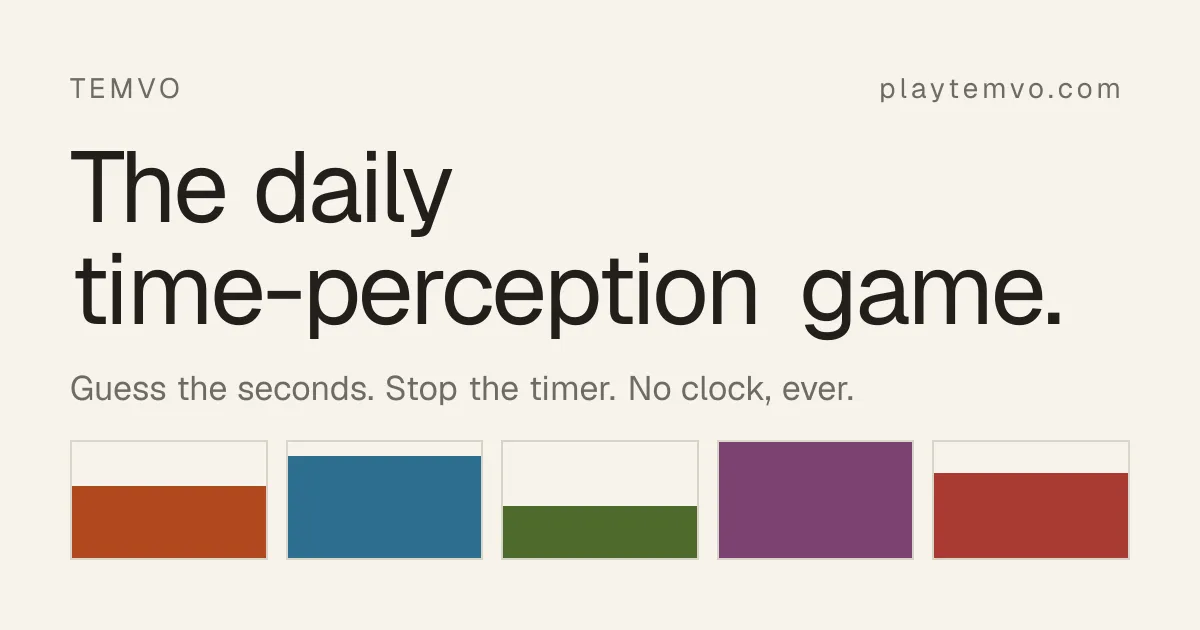 Temvo share card: the daily time-perception game, guess the seconds, stop the timer, no clock ever
