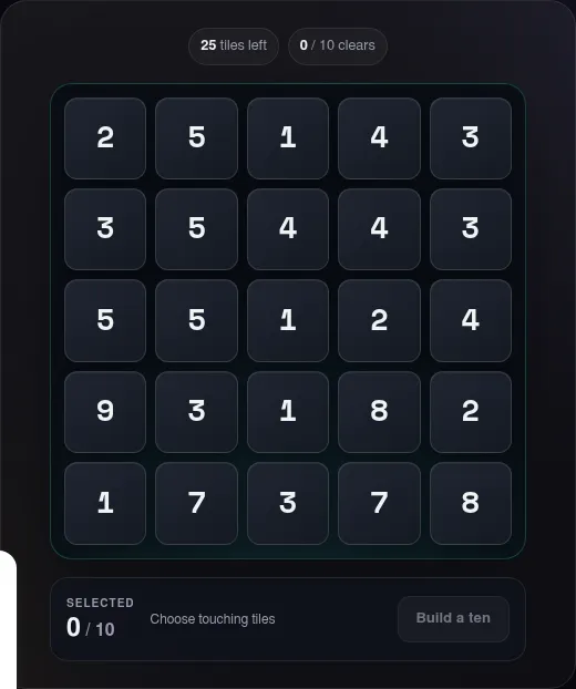 Tenfold on Puzzle Round: a 5x5 board of 25 number tiles with a Build a ten button and a counter of clears