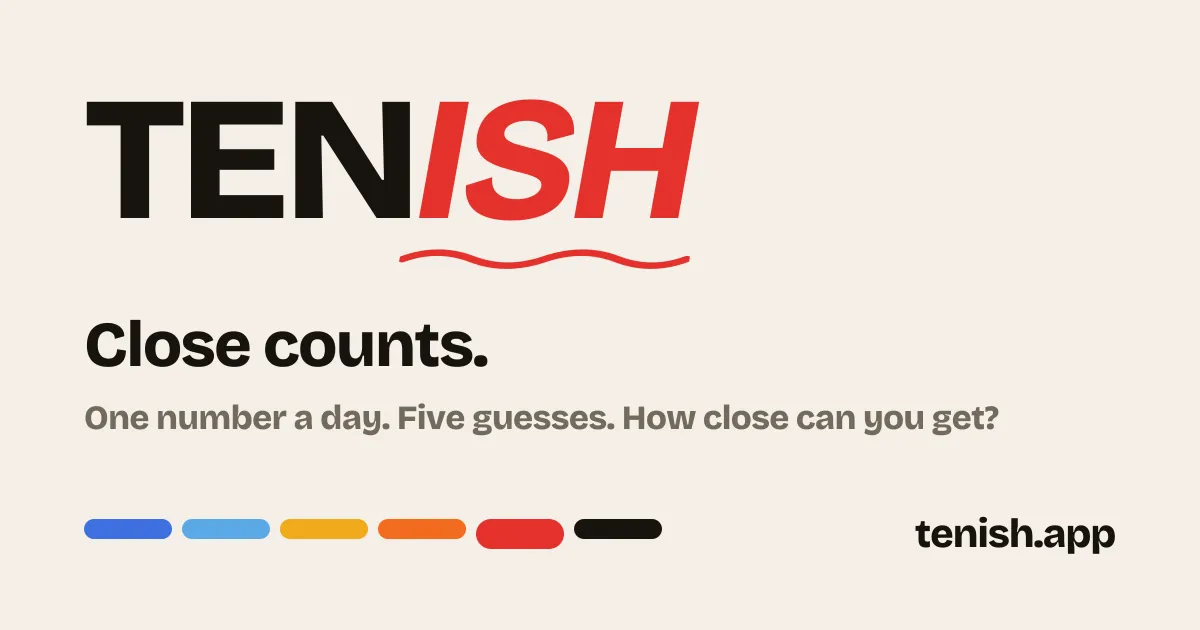 Tenish title card: the Tenish wordmark, the line Close counts, and One number a day, five guesses