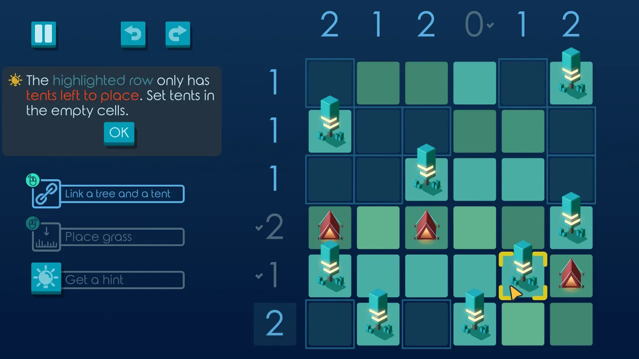 A small grid in the dark blue night theme with a hint box saying the highlighted row only has tents left to place