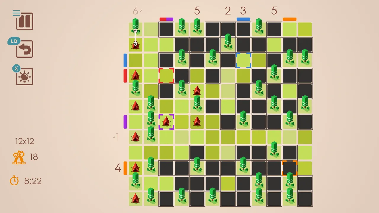 Tents and Trees screenshot of a larger puzzle grid
