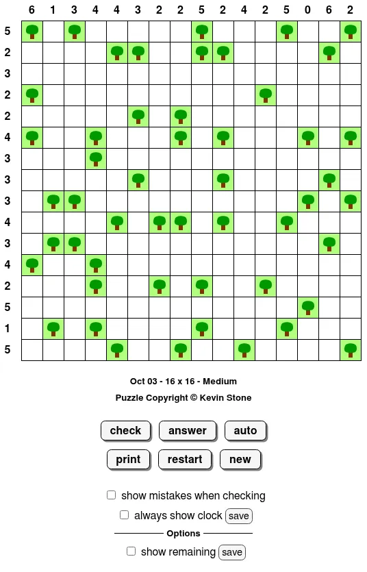 BrainBashers Tents for 3 October, 16x16 Medium: a grid dotted with green trees, with tent counts along the top and left edges