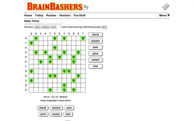 BrainBashers Tents for 21 October, 12x12 Medium: today's grid of green trees with tent counts on the top and left, and check, answer and auto buttons