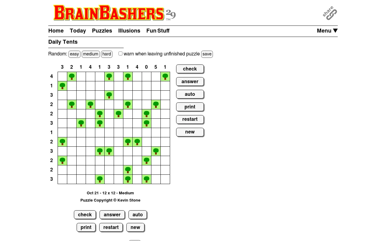 BrainBashers Tents for 21 October, 12x12 Medium: today's grid of green trees with tent counts on the top and left, and check, answer and auto buttons