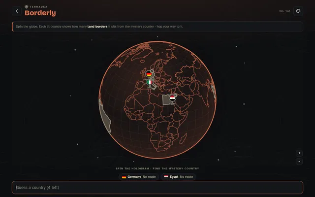 Today's Borderly board (No. 141) in TerraDex: an orange globe with Italy, Germany and Egypt guessed, each marked No route