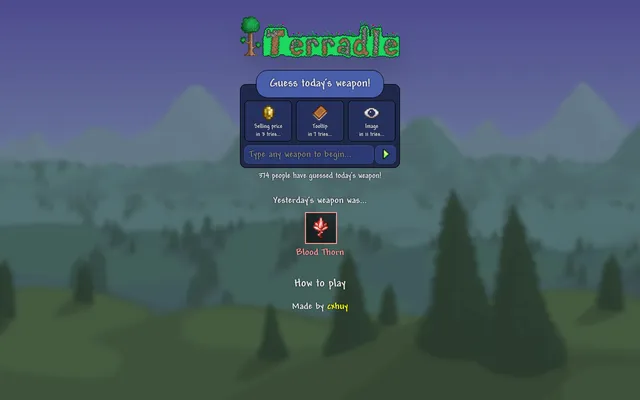 Terradle board: the pixel-art Terradle logo over Guess today's weapon, hints for selling price, tooltip and image unlocking after 3, 7 and 11 tries, 374 solvers so far and yesterday's weapon, Blood Th