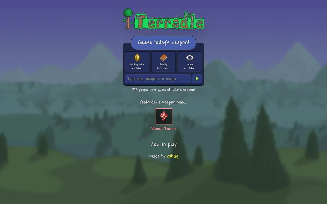 Terradle board: the pixel-art Terradle logo over Guess today's weapon, hints for selling price, tooltip and image unlocking after 3, 7 and 11 tries, 374 solvers so far and yesterday's weapon, Blood Th