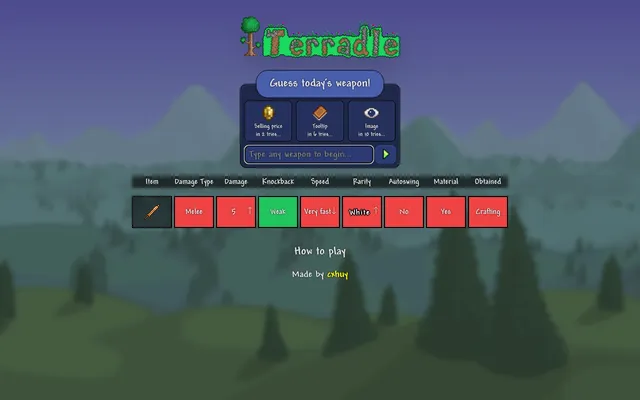 Terradle board after one guess: Copper Shortsword compared on damage type, damage, knockback, speed, rarity, autoswing, material and obtained, with hint cards above