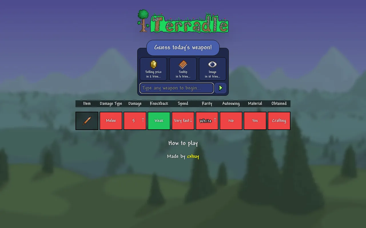 Terradle board after one guess: Copper Shortsword compared on damage type, damage, knockback, speed, rarity, autoswing, material and obtained, with hint cards above
