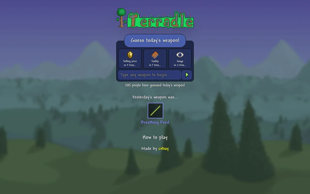 Terradle start screen on 25 October 2026: Guess today's weapon box with selling price, tooltip and image hints after 3, 7 and 11 tries, 285 solvers and yesterday's weapon, Breathing Reed