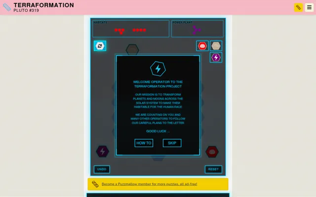 Terraformation Pluto #319: the hex grid board with the shapes to build (habitats and a power plant) and terrain buttons, under the game's welcome message to the terraformation project