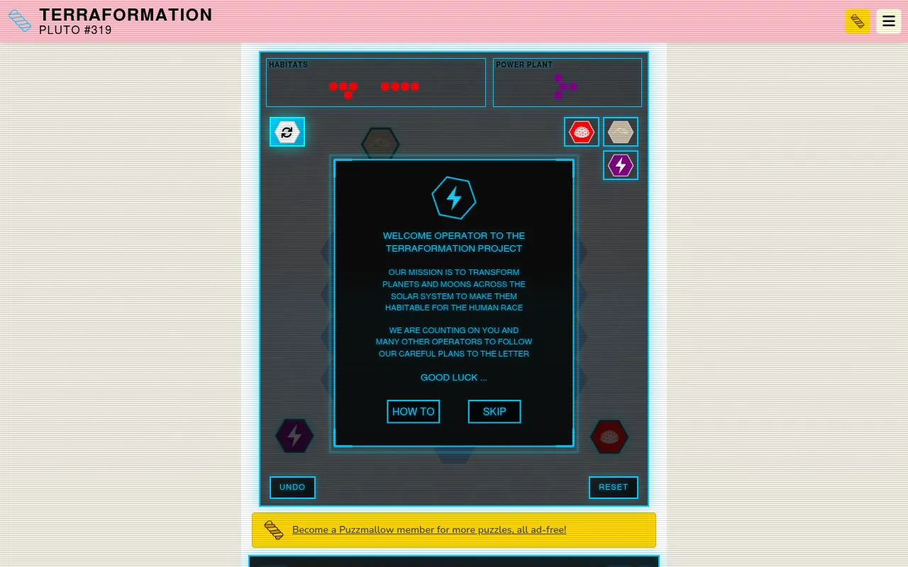 Terraformation Pluto #319: the hex grid board with the shapes to build (habitats and a power plant) and terrain buttons, under the game's welcome message to the terraformation project