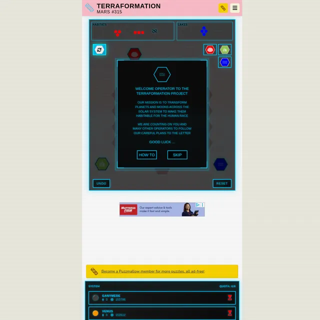 Terraformation Mars #315: a shape guide for red habitats and blue lakes, terrain buttons, and the welcome message to the terraformation project over the hex grid, with a system panel below listing Gan