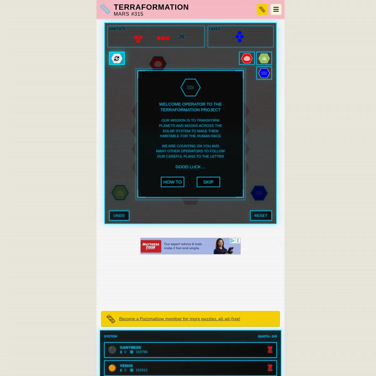 Terraformation Mars #315: a shape guide for red habitats and blue lakes, terrain buttons, and the welcome message to the terraformation project over the hex grid, with a system panel below listing Gan