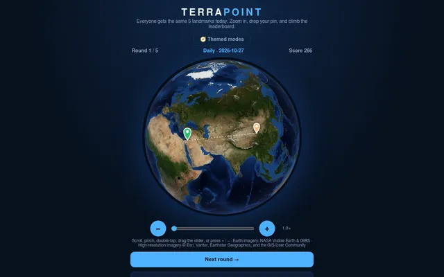 TerraPoint's daily round 1 of 5 on 27 October 2026 after a guess: an orange pin in China joined by a dashed line to the green pin at Masada in Israel