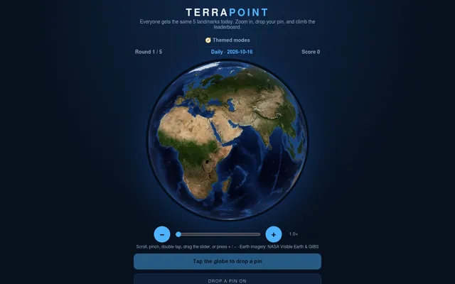 TerraPoint's daily game at round 1 of 5: a satellite globe of Africa and Eurasia with zoom controls and a Tap the globe to drop a pin button