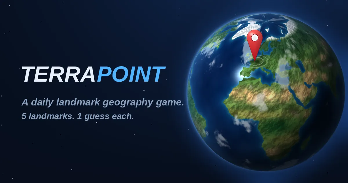 TerraPoint share art: a red map pin on a globe over Europe beside the words A daily landmark geography game, 5 landmarks, 1 guess each